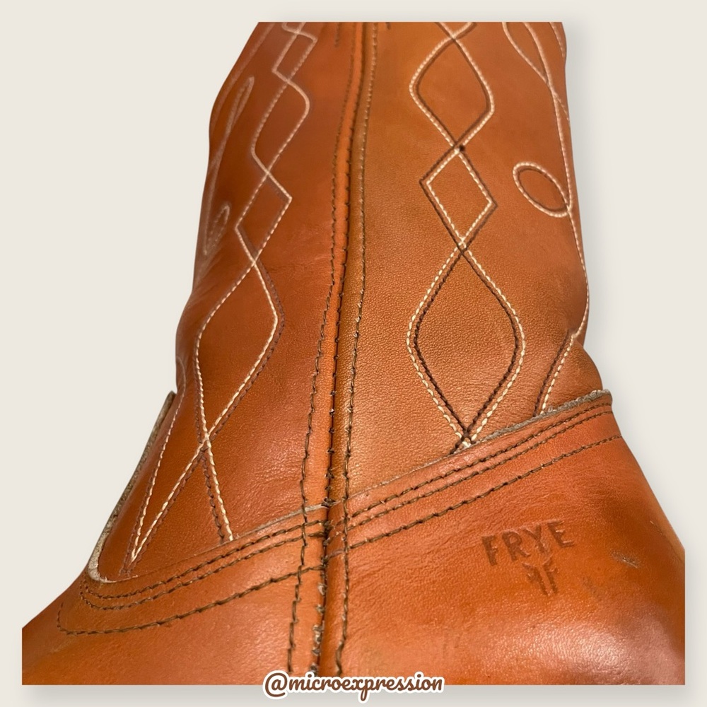 1980 VINTAGE Frye Swirl Stitch Embroidered Cognac Tan Brown Leather Cowboy Boot - Picture 7 of 11